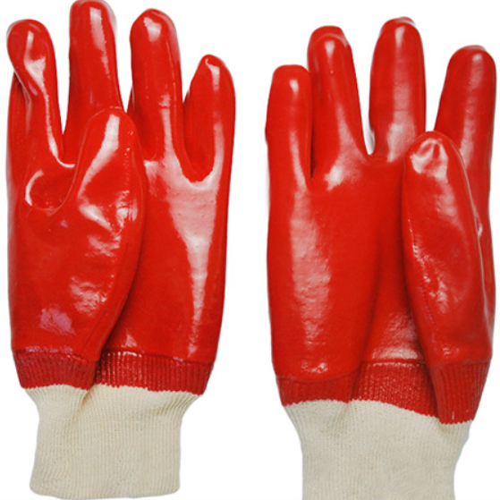 Jersey lined red pvc fully coating knit wrist work gloves